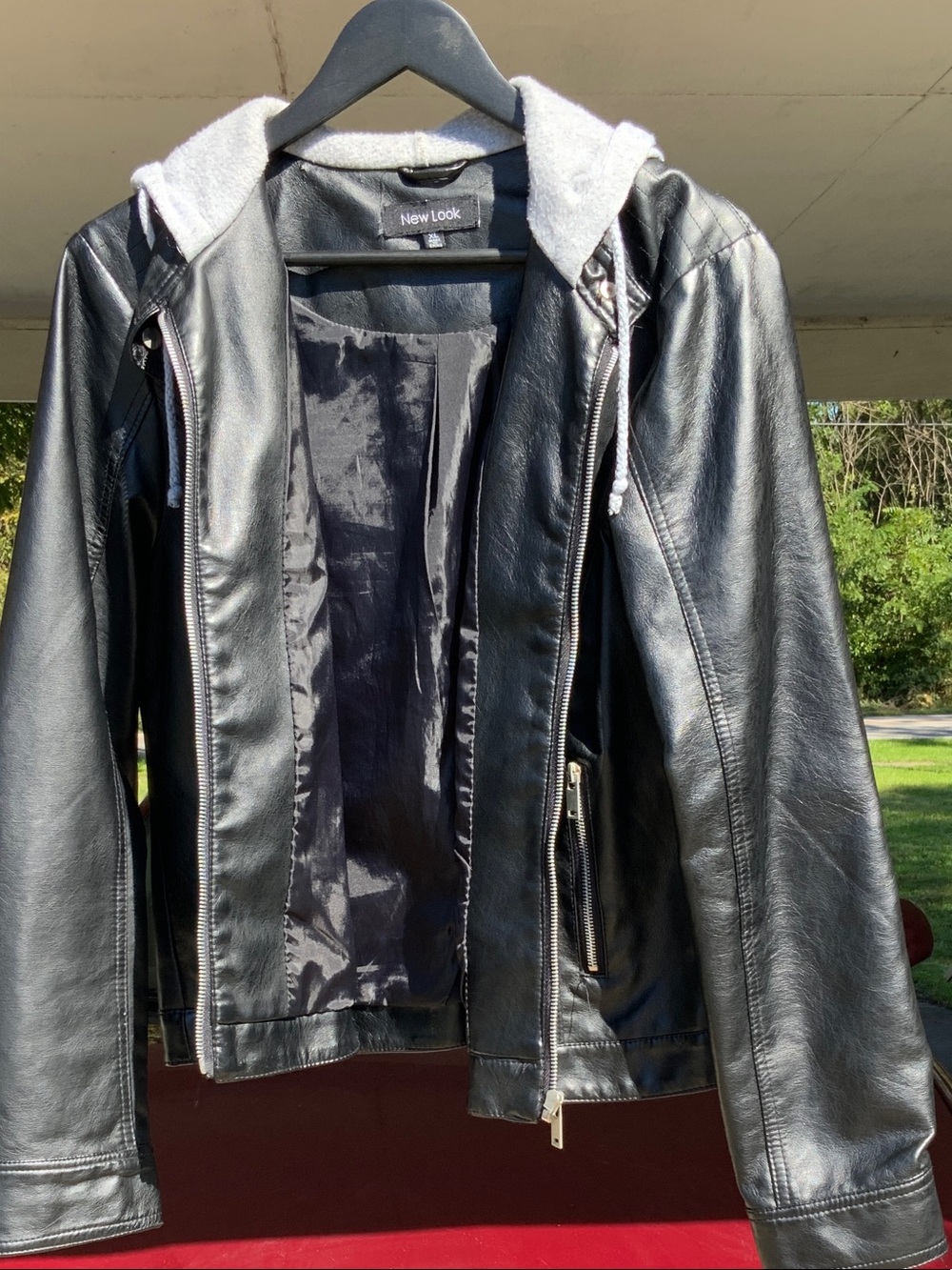 New Look Black Faux Leather Jacket with Gray Hood